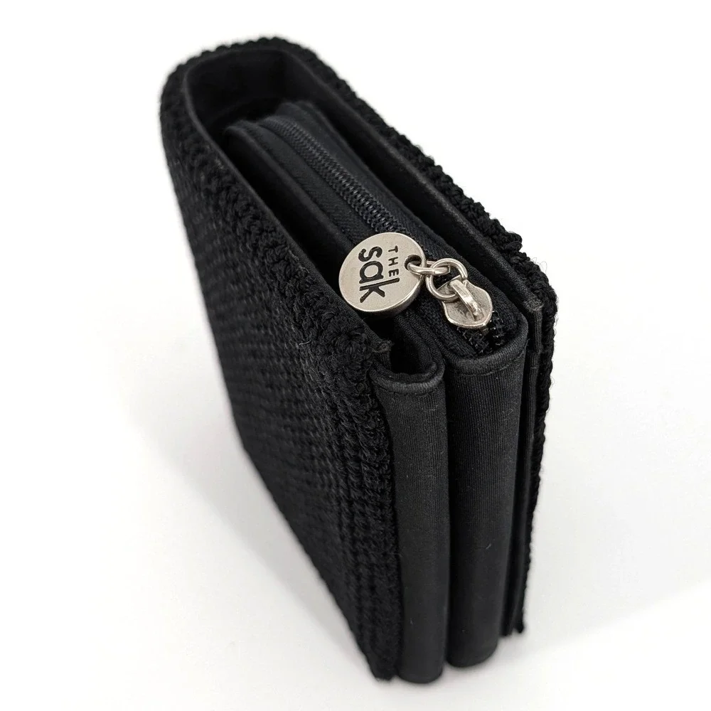 The Sak Black Crochet Trifold Wallet Zip Coin Pocket Compact Organizer